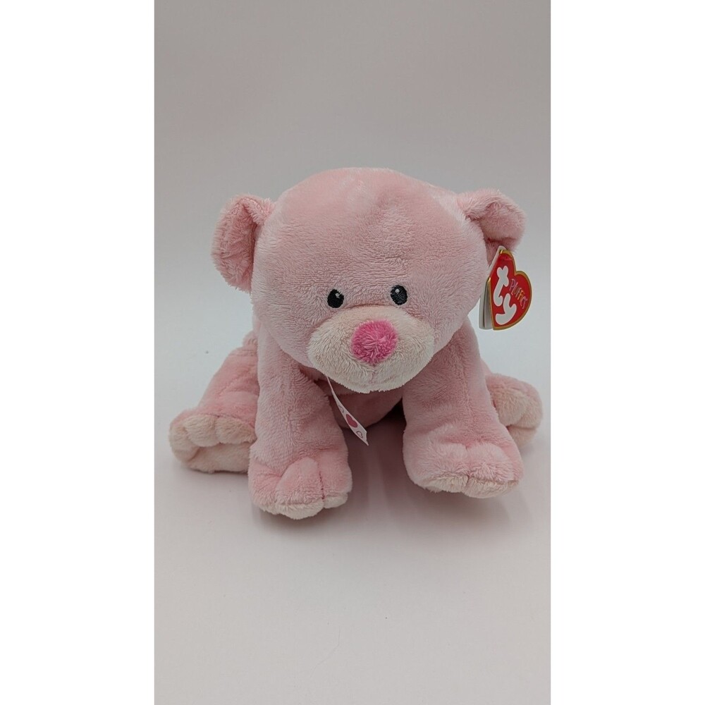 TY Pluffies PInk Baby Teddy Bear 2010 Sewn Gray Eyes Pink Nose 7.5" Sitting
